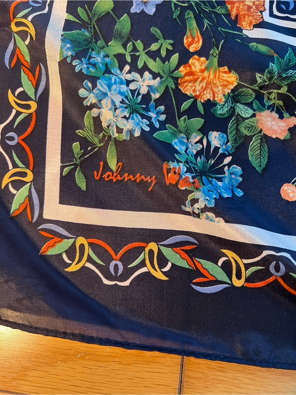 Johnny Was Navy Floral Silk Scarf with Blue, Orange & Green Bouquet 45x42”